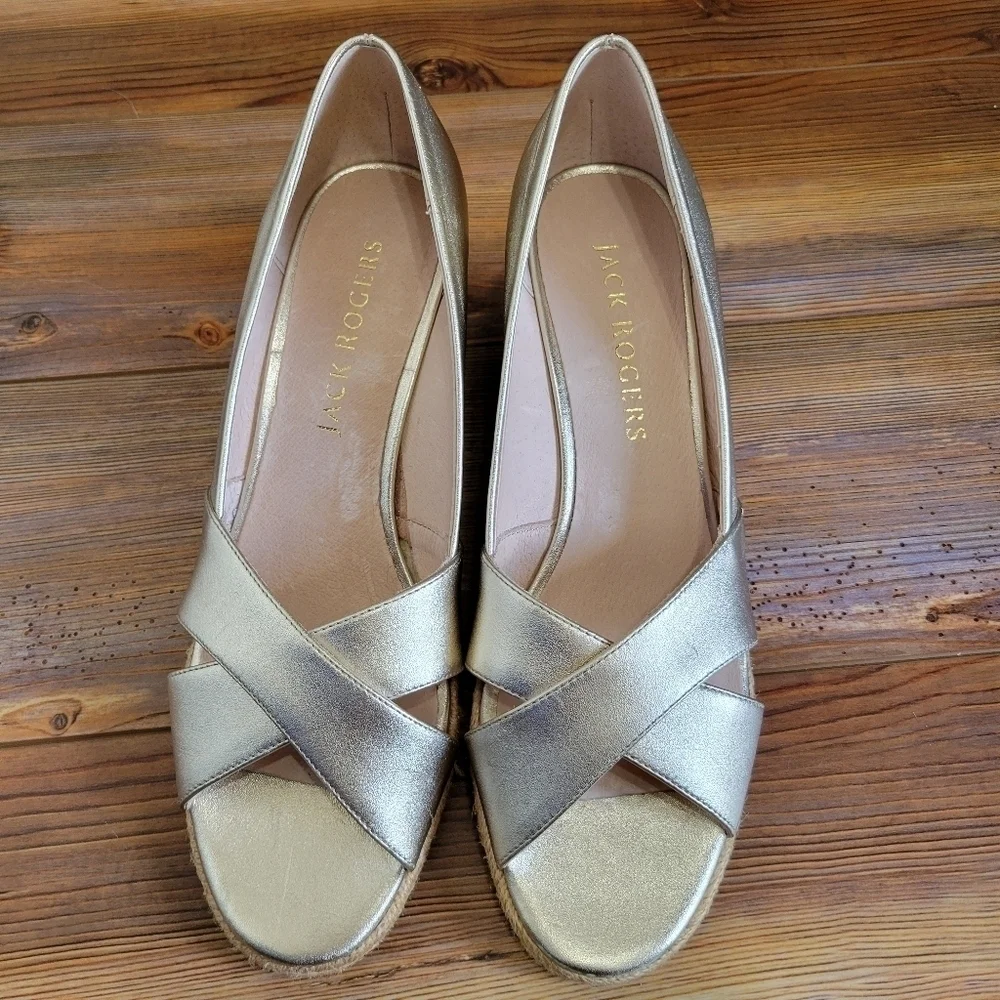 Jack Rogers Womens Palmer Criss Cross Gold Leather Wedge Sandals Size 10M